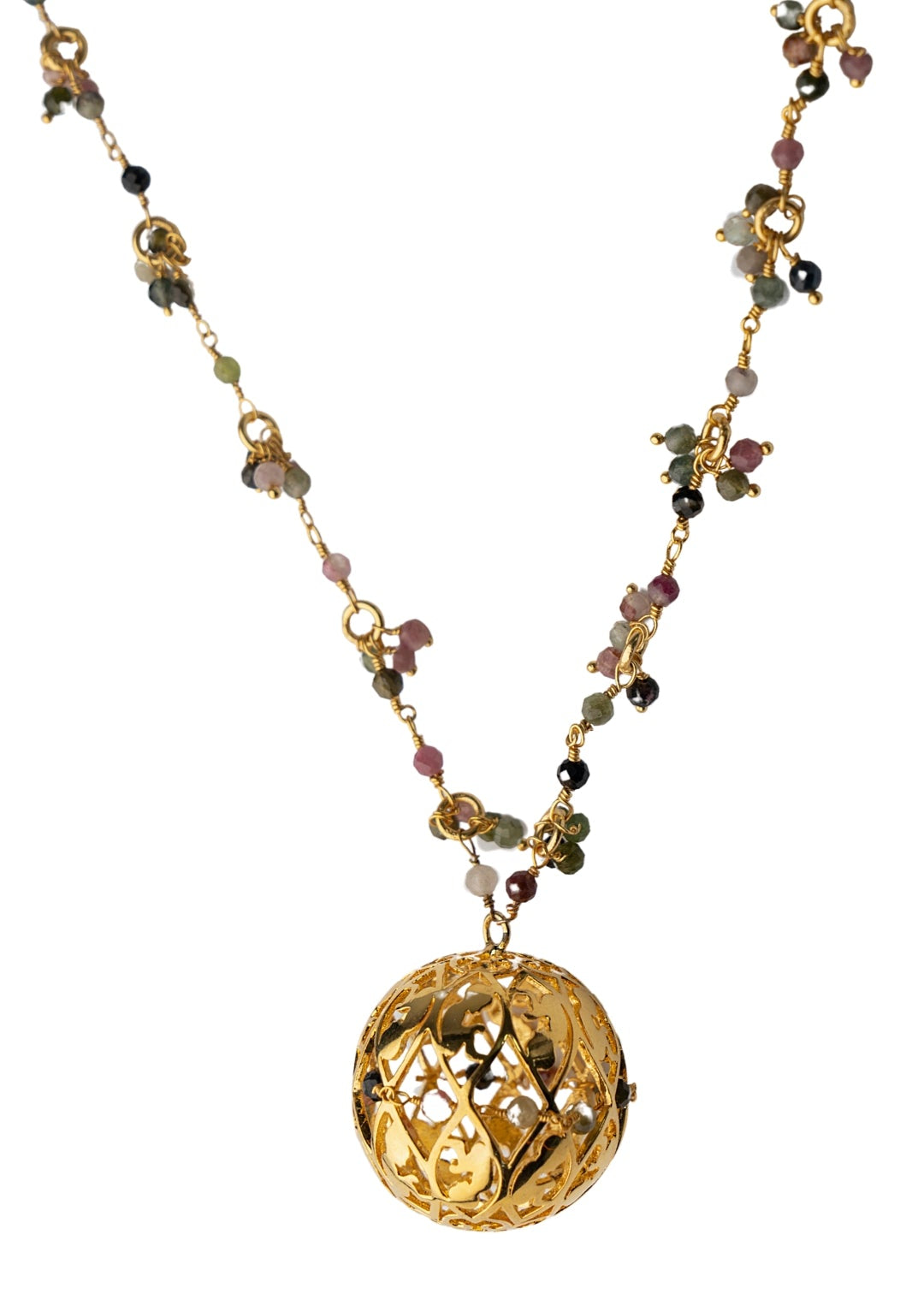3-dimensional hand-cut, ball necklace with multi-coloured Tourmalines.
