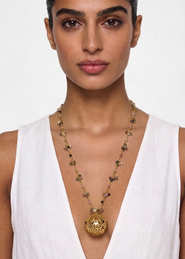 3-dimensional hand-cut, ball necklace with multi-coloured Tourmalines.