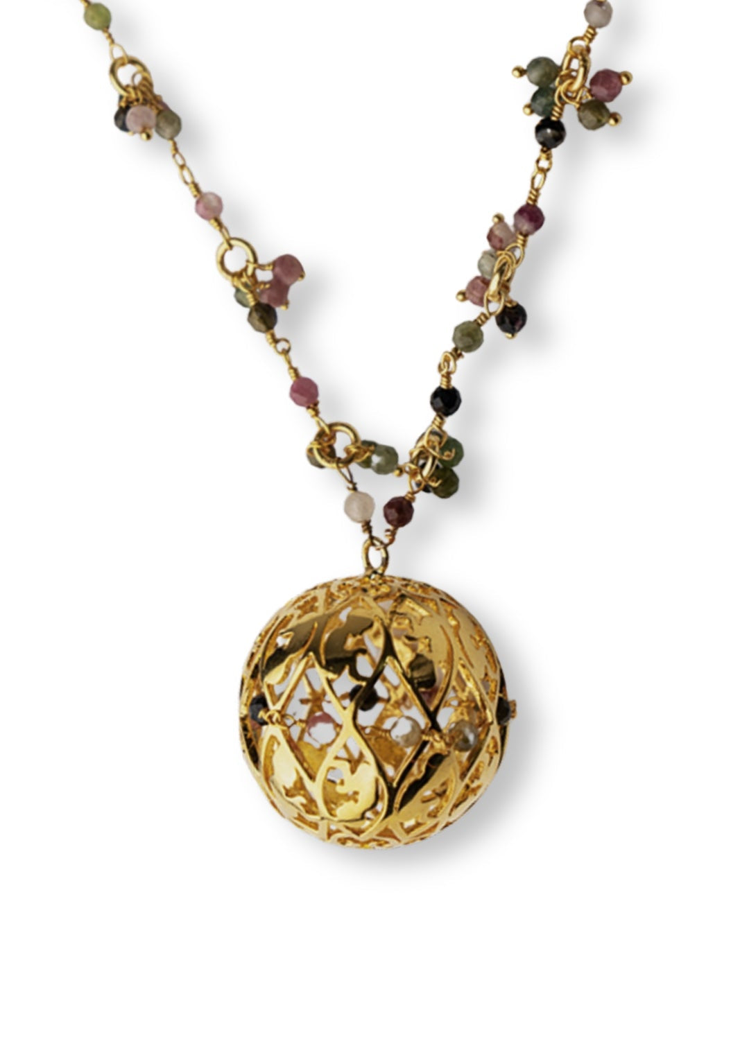 3-dimensional hand-cut, ball necklace with multi-coloured Tourmalines.