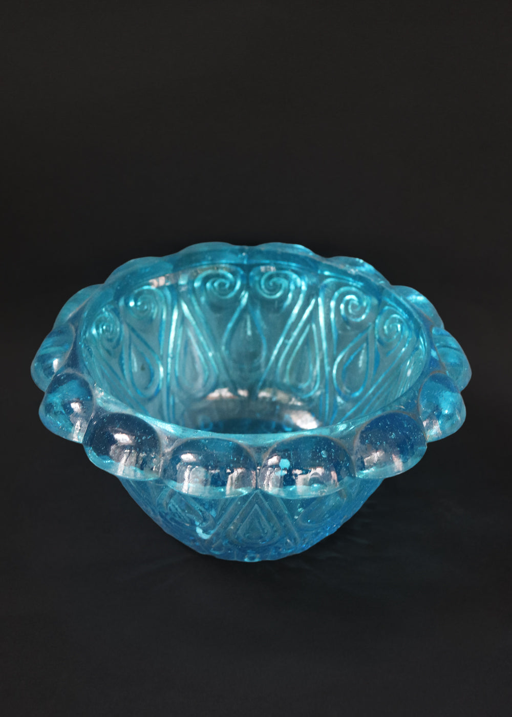 Antique moulded glass bowl in a beautiful turquoise colour and an incredible history