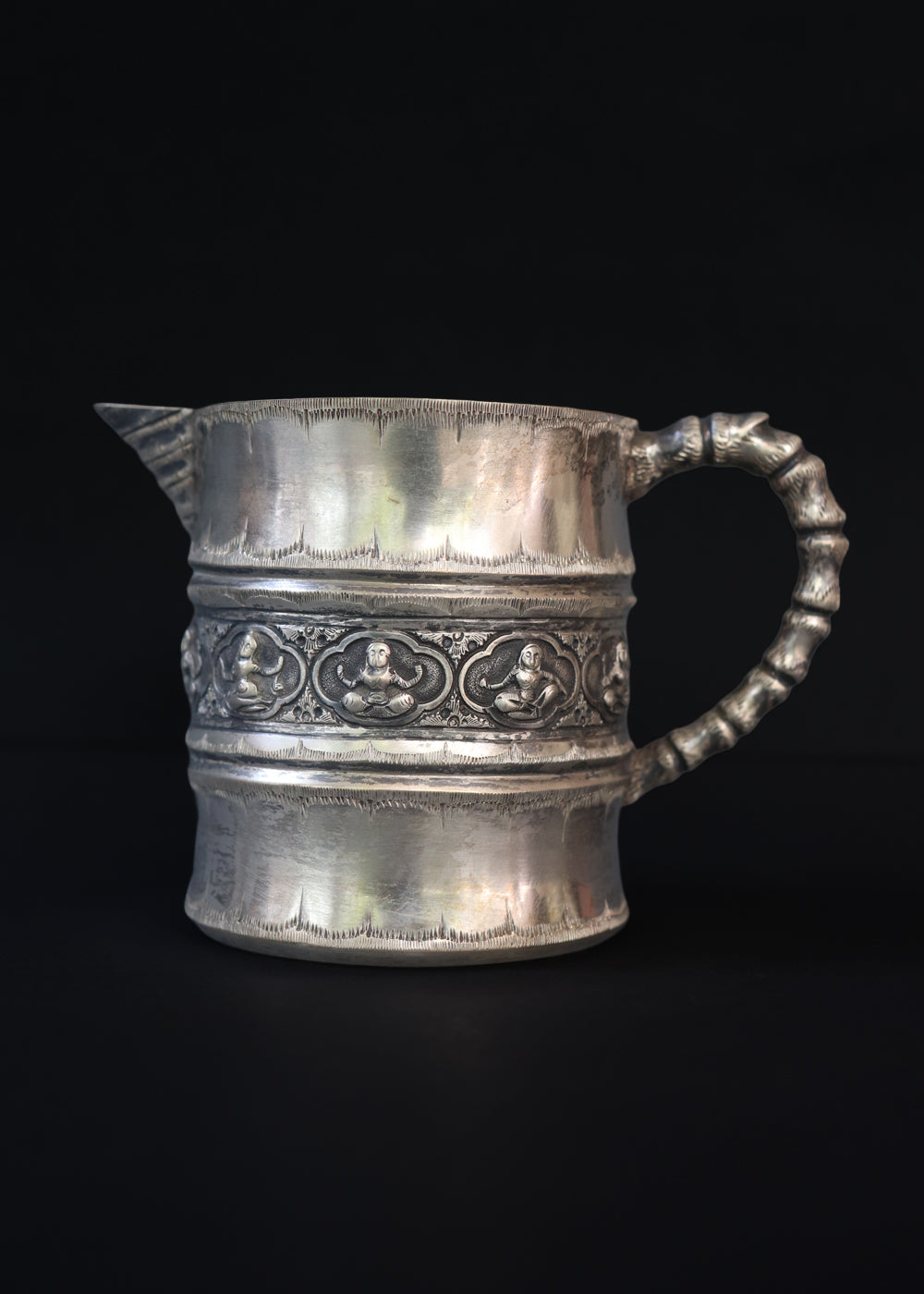 Antique silver plated “Swami” style milk pot and sugar bowl in the style of P.Orr and sons, the important silversmith firm in Colonial South India. They depict seated divine figures.
