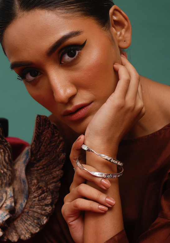 Custom Engraved Nam Myoho Renge Kyo Name Word Mantra Bangle in sterling silver and 18k gold by Indian Designer Jewellery Artist Eina Ahluwalia