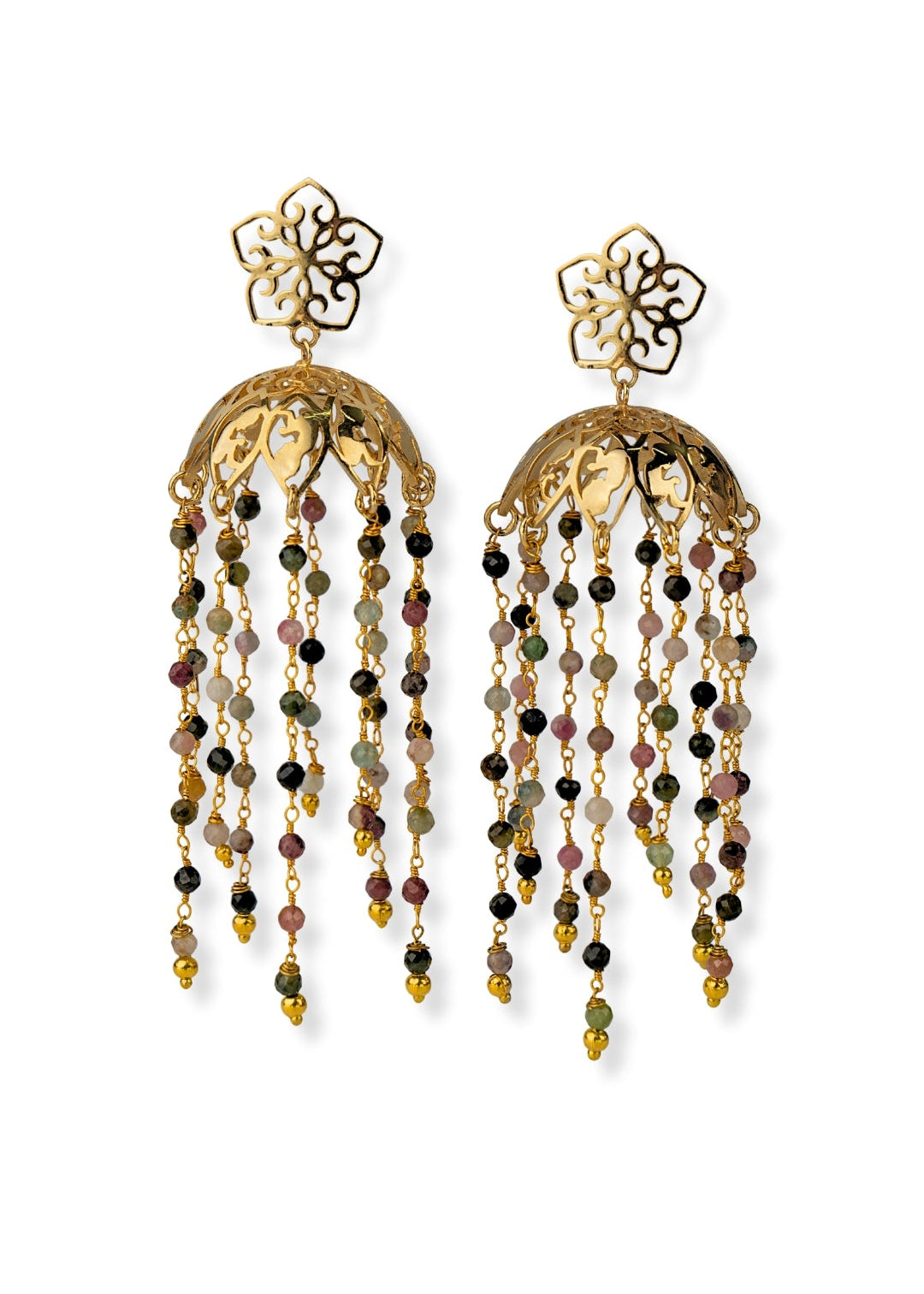 Lightweight jhumka chandelier earrings with 60 faceted Multi Tourmaline stones for bridesmaids and party