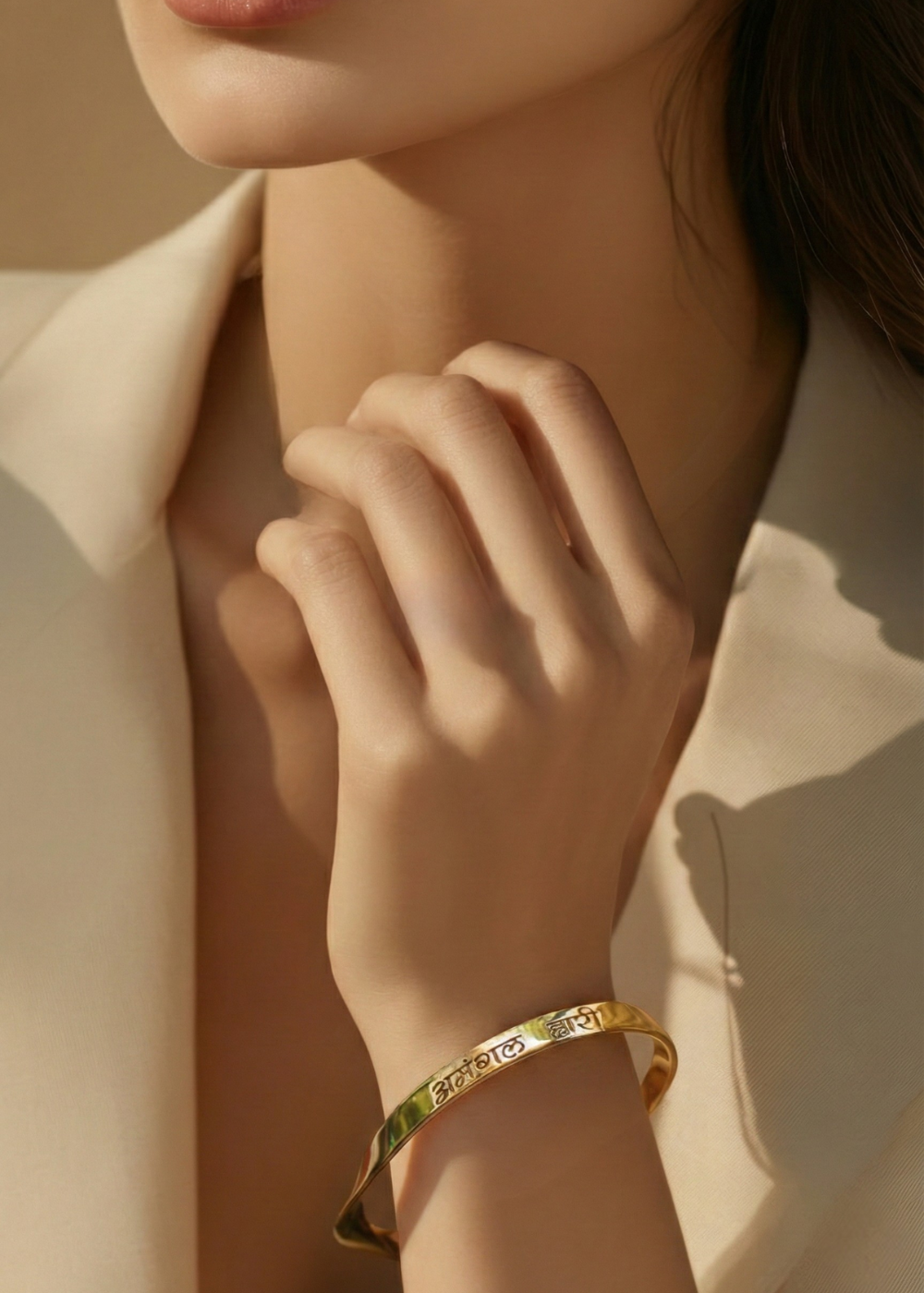 Engraved Mangalkari Mantra Bangle in sterling silver and 18k gold by Indian Designer Jewellery Artist Eina Ahluwalia