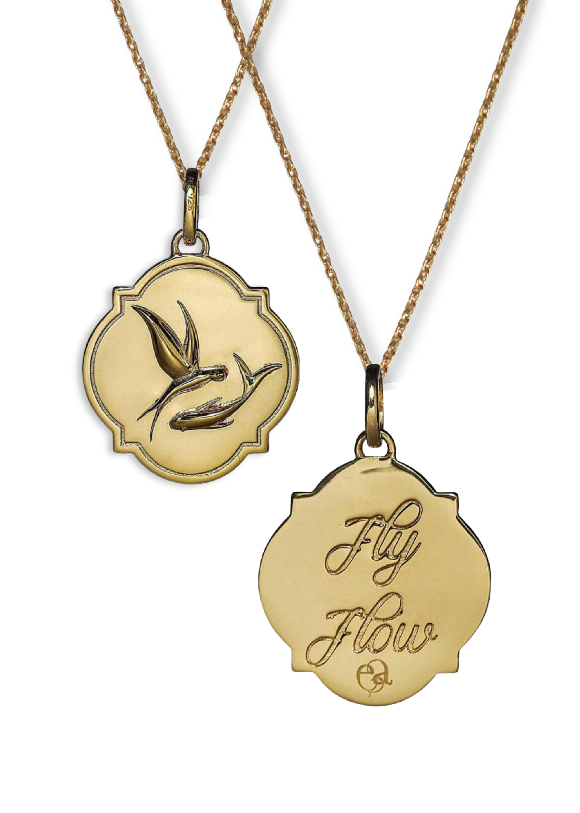 Reversible pedant in sterling silver with gold plating, depicting embossed swallows and koi fish on one side and the words 'fly' and 'flow' engraved on the other side.