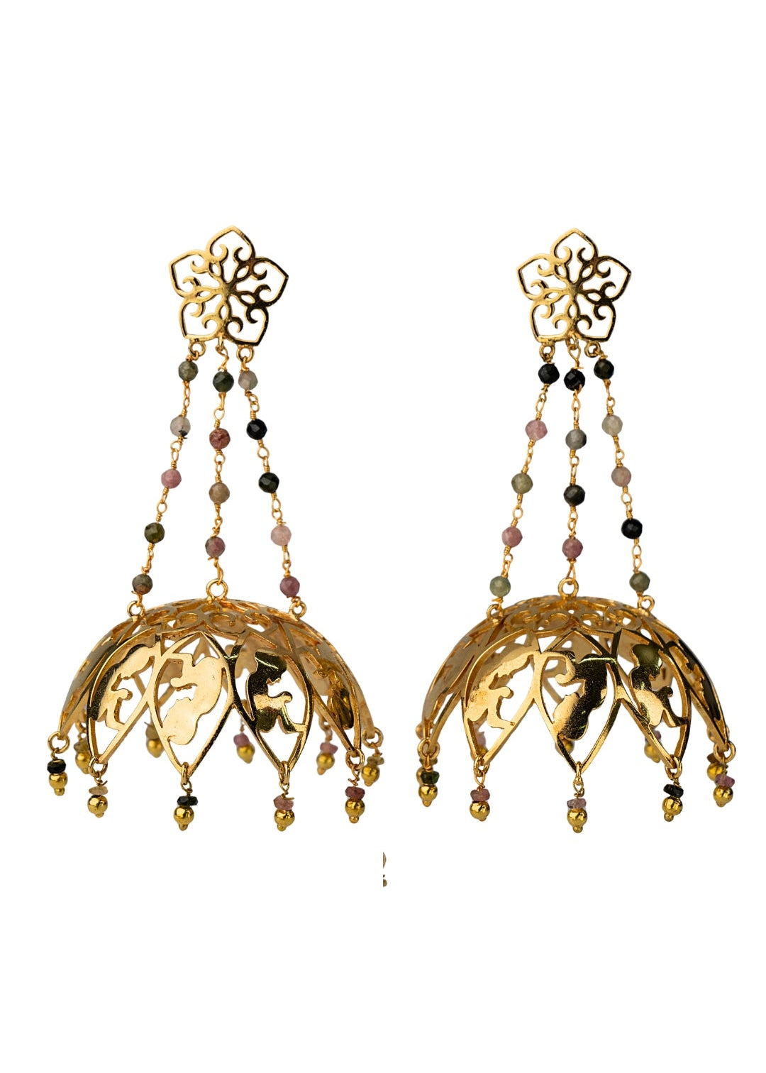 Lightweight jhumka chandelier earrings with 24 faceted Multi Tourmalines