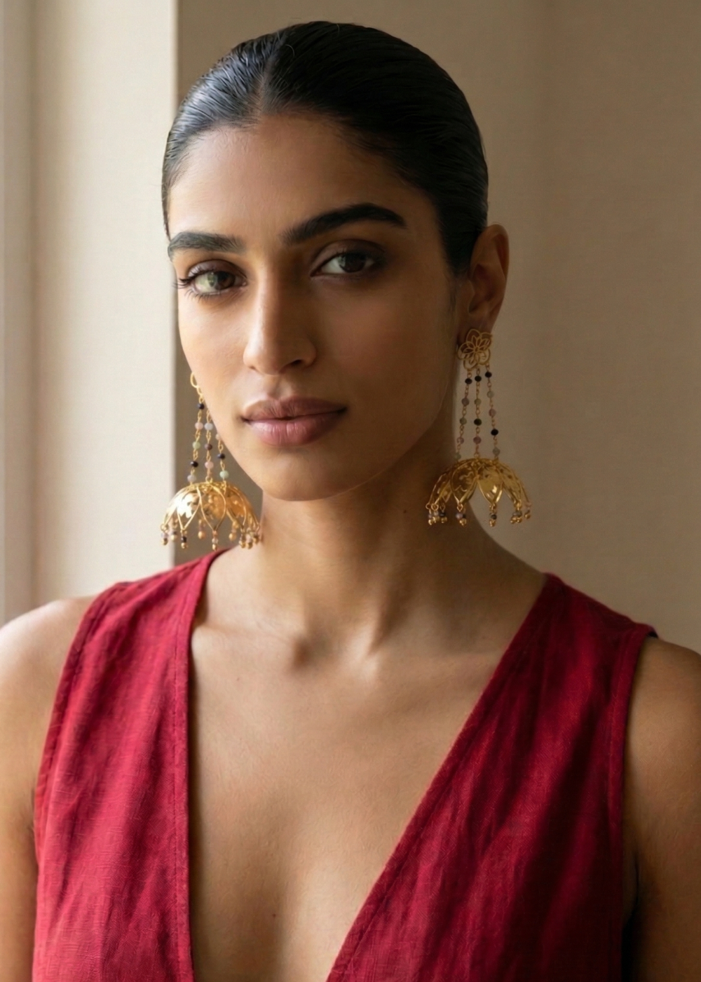 Lightweight jhumka chandelier earrings with 24 faceted Multi Tourmalines