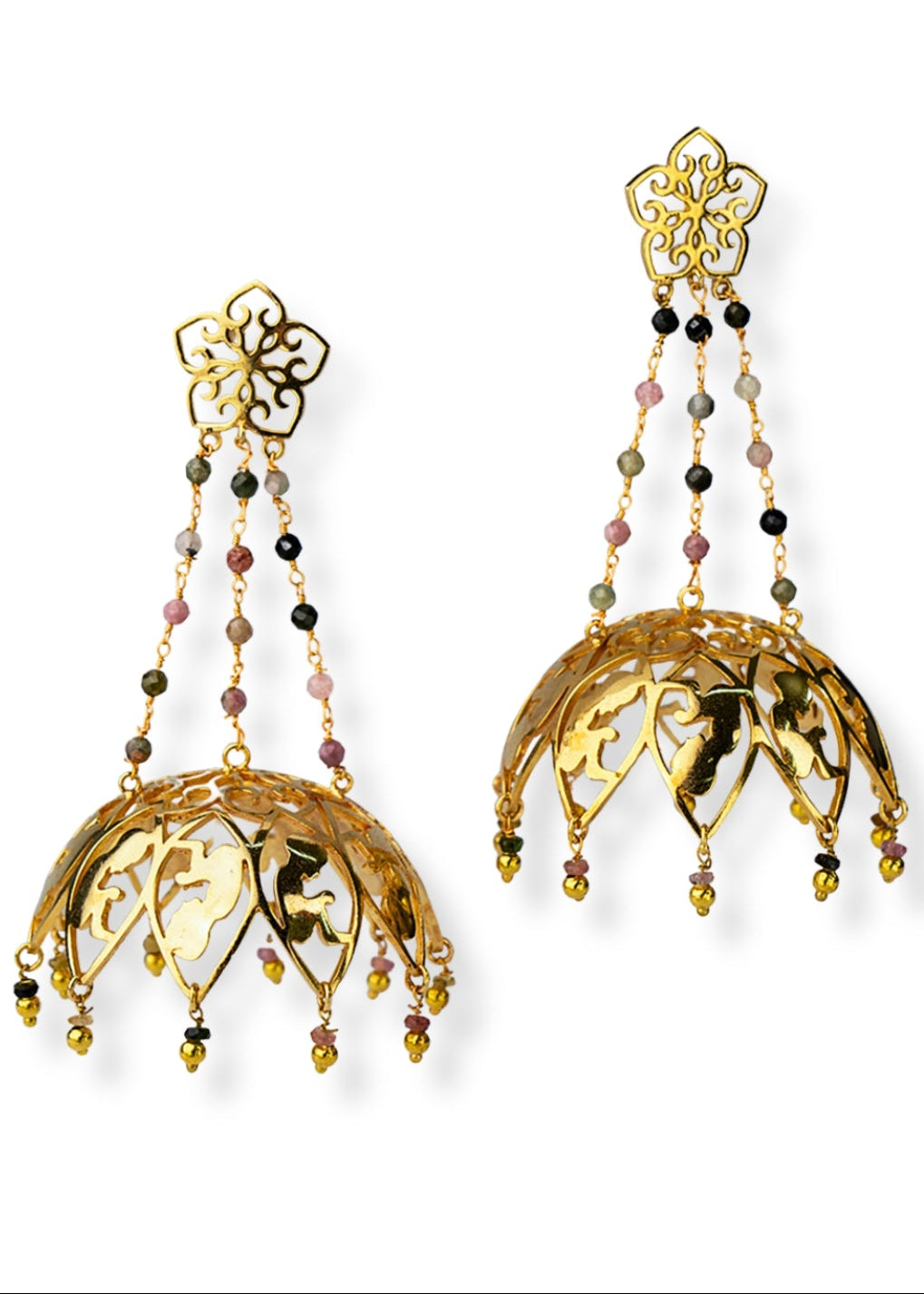 Lightweight jhumka chandelier earrings with 24 faceted Multi Tourmalines for weddings and party