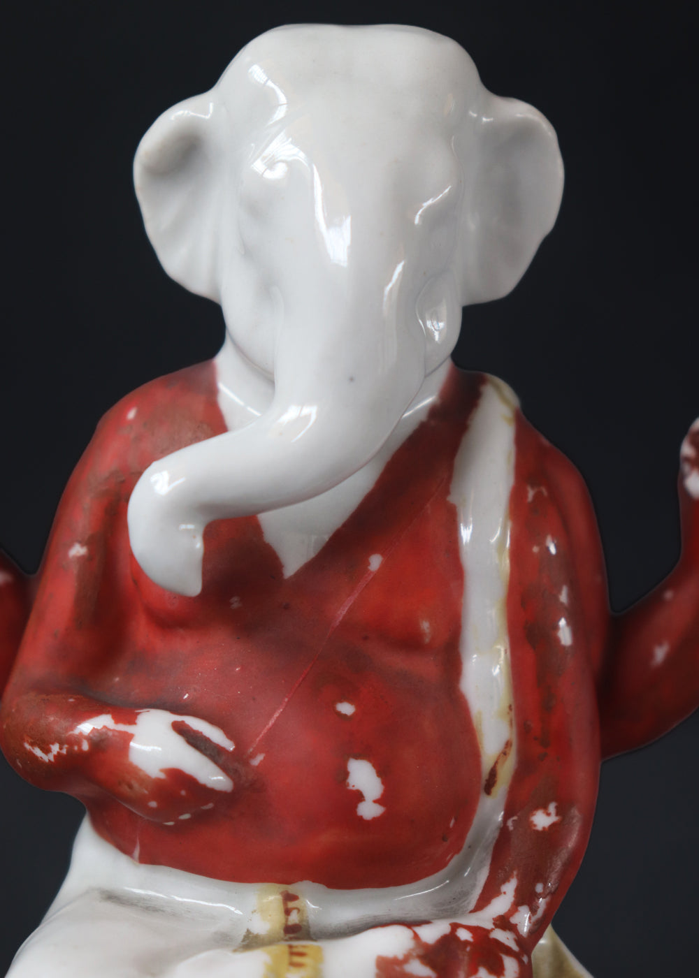 German made bisque porcelain slip cast figure of Ganesh made for colonial India in the early 1900s. These figures were inspired by paintings by Raja Ravi Varma.