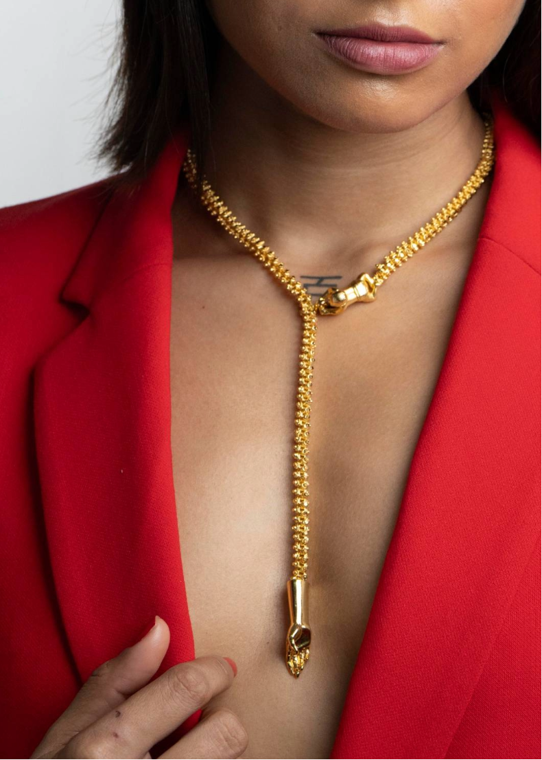 chunky gold luxury lariat necklace by indian jewellery designer