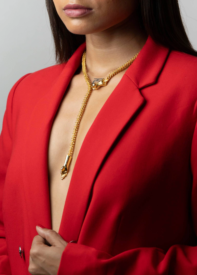 chunky gold luxury lariat necklace by indian jewellery designer