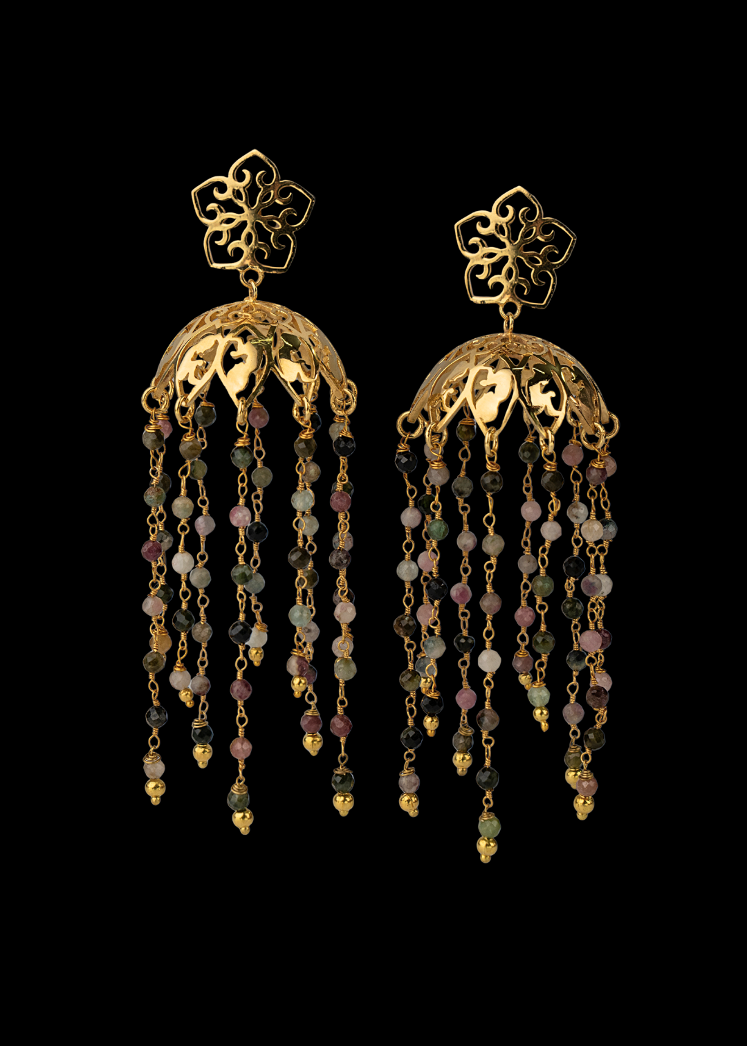 designer jhumka earrings by eina ahluwalia with multi coloured tourmalines for weddings and occasions