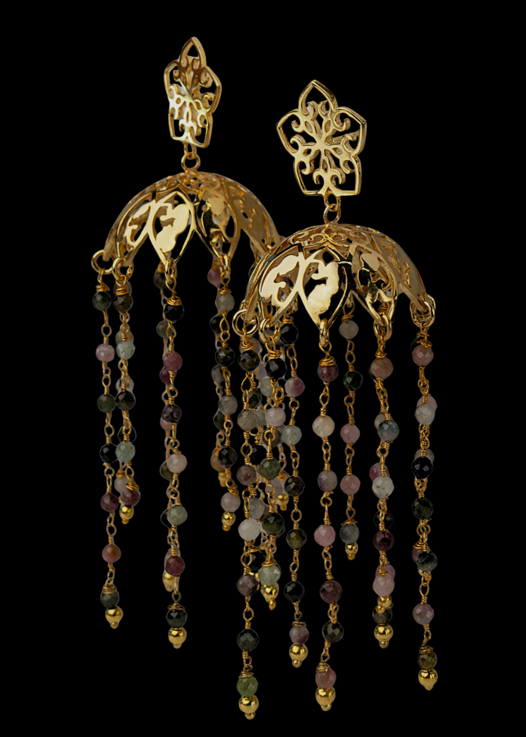 designer jhumka earrings by eina ahluwalia with multi coloured tourmalines for weddings and occasions