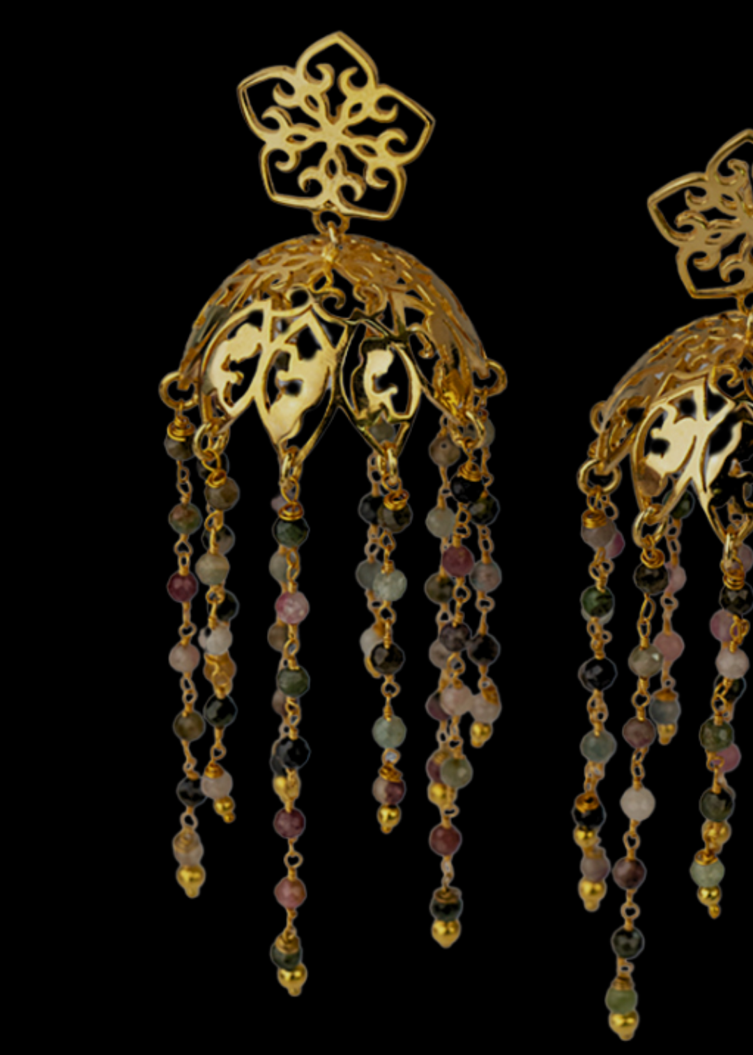 designer jhumka earrings by eina ahluwalia with multi coloured tourmalines for weddings and occasions