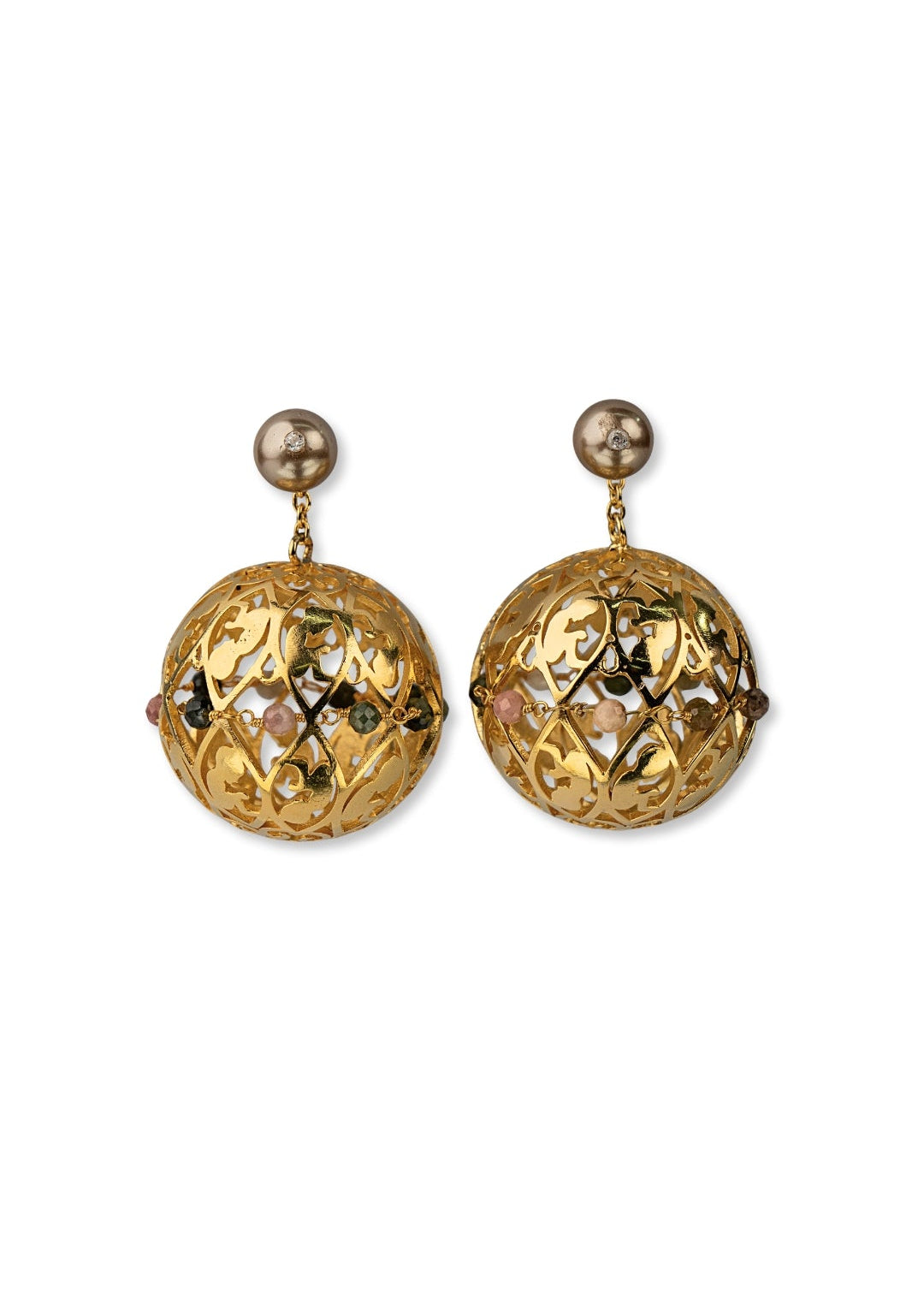 lightweight 3-dimensional ball earrings with a detachable, accented champagne pearl stud accented with 10 multi-coloured Tourmalines