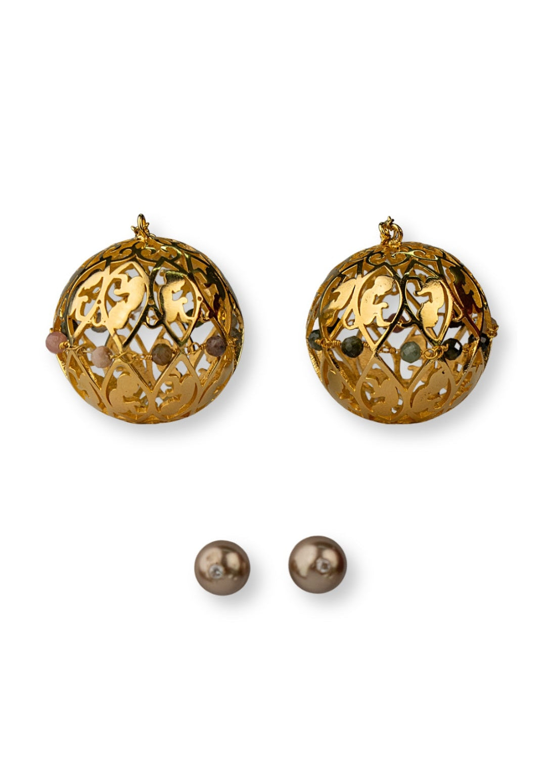 lightweight 3-dimensional ball earrings with a detachable, accented champagne pearl stud accented with 10 multi-coloured Tourmalines