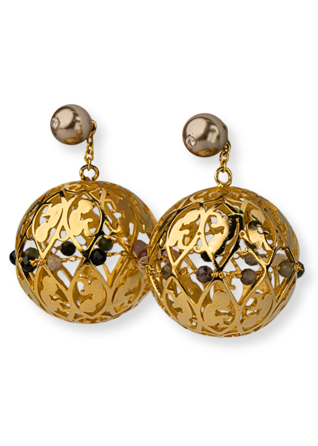 lightweight 3-dimensional ball earrings with a detachable, accented champagne pearl stud accented with 10 multi-coloured Tourmalines