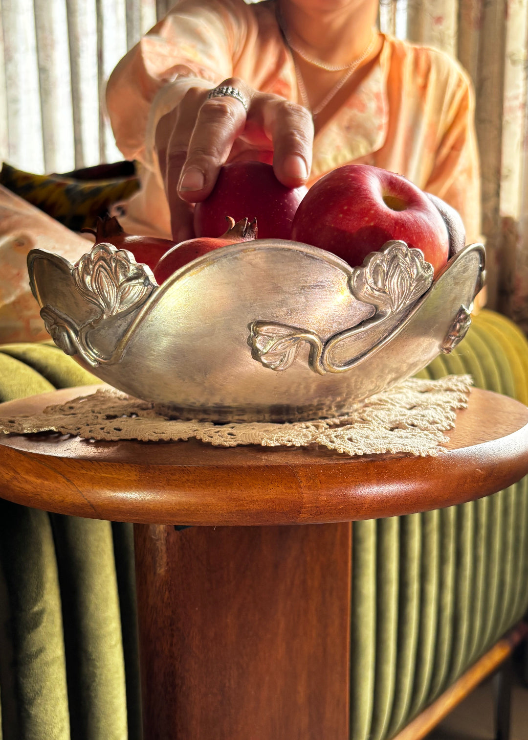 Beautiful silver-plated Art Nouveau bowl decorated with water lilies. The curvaceous floral and vine are cast and applied on the scalloped rim and sides of the bow and are classic art nouveau. This is a perfect fruit bowl or center piece. Made in France, early 1900s.