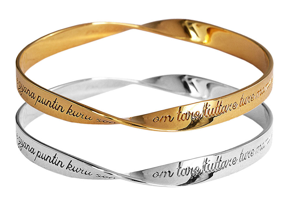 Custom Engraved White Tara Mantra Bangle in sterling silver and 18k gold by Indian Designer Jewellery Artist Eina Ahluwalia