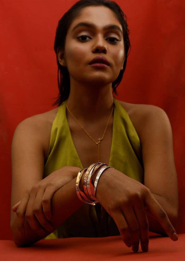 Italian Quality Crafted Gayatri Mantra Name Word Engraved Bangle in Sterling Silver, 9k Gold and 18k Gold by Indian Designer Jewellery Artist Eina Ahluwalia