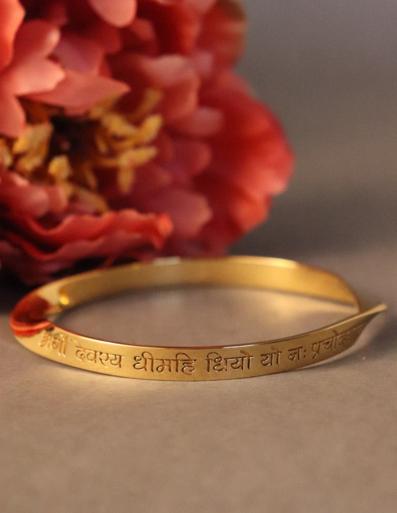 Italian Quality Crafted Gayatri Mantra Name Word Engraved Bangle in Sterling Silver, 9k Gold and 18k Gold by Indian Designer Jewellery Artist Eina Ahluwalia