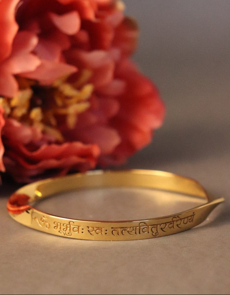 Italian Quality Crafted Gayatri Mantra Name Word Engraved Bangle in Sterling Silver, 9k Gold and 18k Gold by Indian Designer Jewellery Artist Eina Ahluwalia