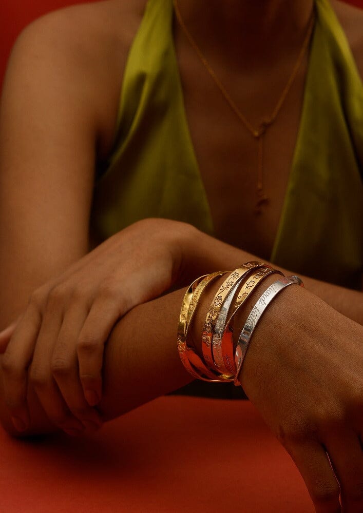 Italian Quality Crafted Gayatri Mantra Name Word Engraved Bangle in Sterling Silver, 9k Gold and 18k Gold by Indian Designer Jewellery Artist Eina Ahluwalia