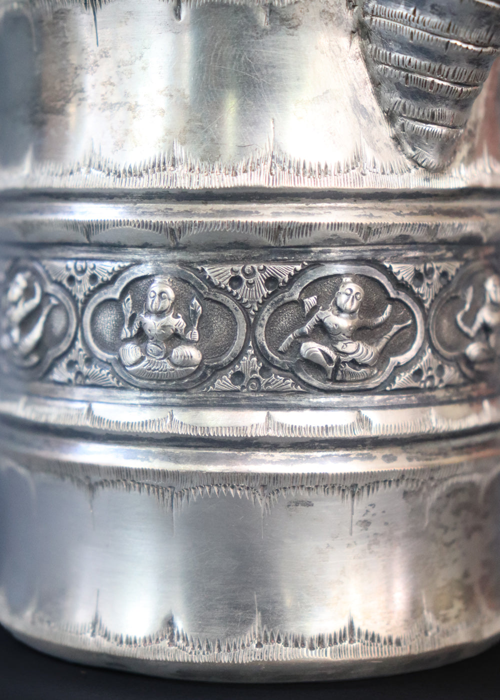 Antique silver plated “Swami” style milk pot and sugar bowl in the style of P.Orr and sons, the important silversmith firm in Colonial South India. They depict seated divine figures.