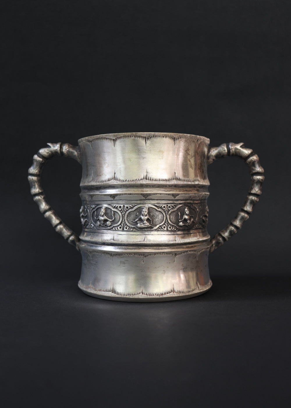 Antique silver plated “Swami” style milk pot and sugar bowl in the style of P.Orr and sons, the important silversmith firm in Colonial South India. They depict seated divine figures.