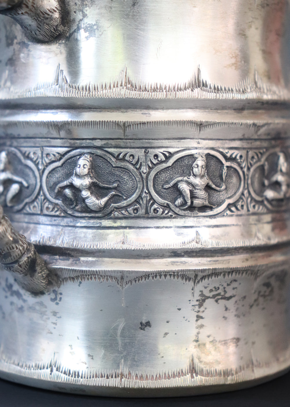 Antique silver plated “Swami” style milk pot and sugar bowl in the style of P.Orr and sons, the important silversmith firm in Colonial South India. They depict seated divine figures.