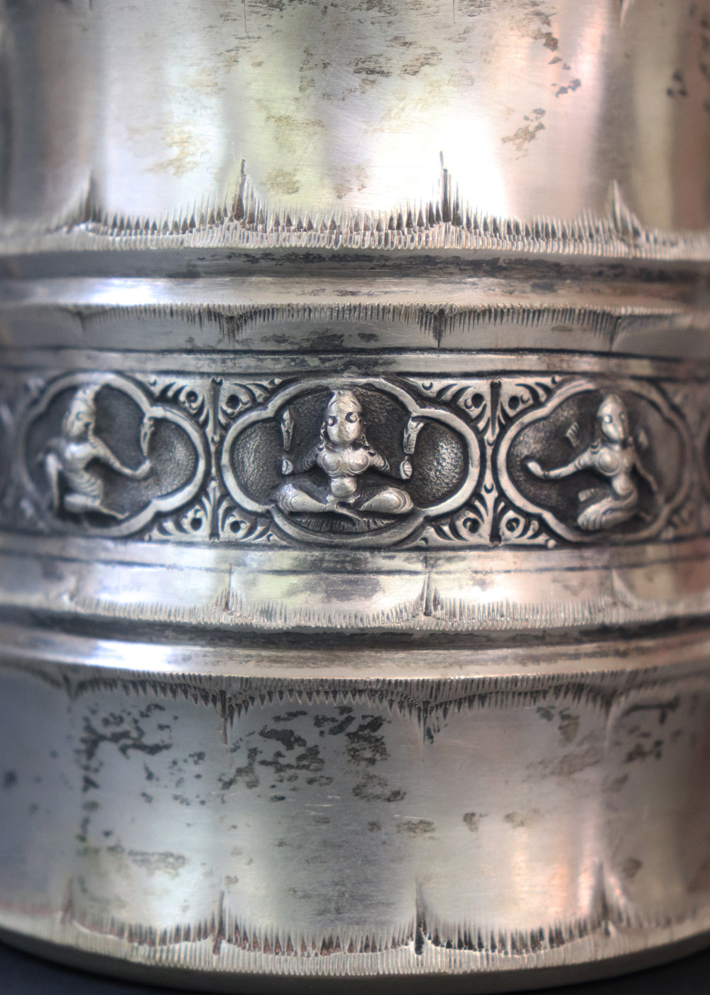 Antique silver plated “Swami” style milk pot and sugar bowl in the style of P.Orr and sons, the important silversmith firm in Colonial South India. They depict seated divine figures.