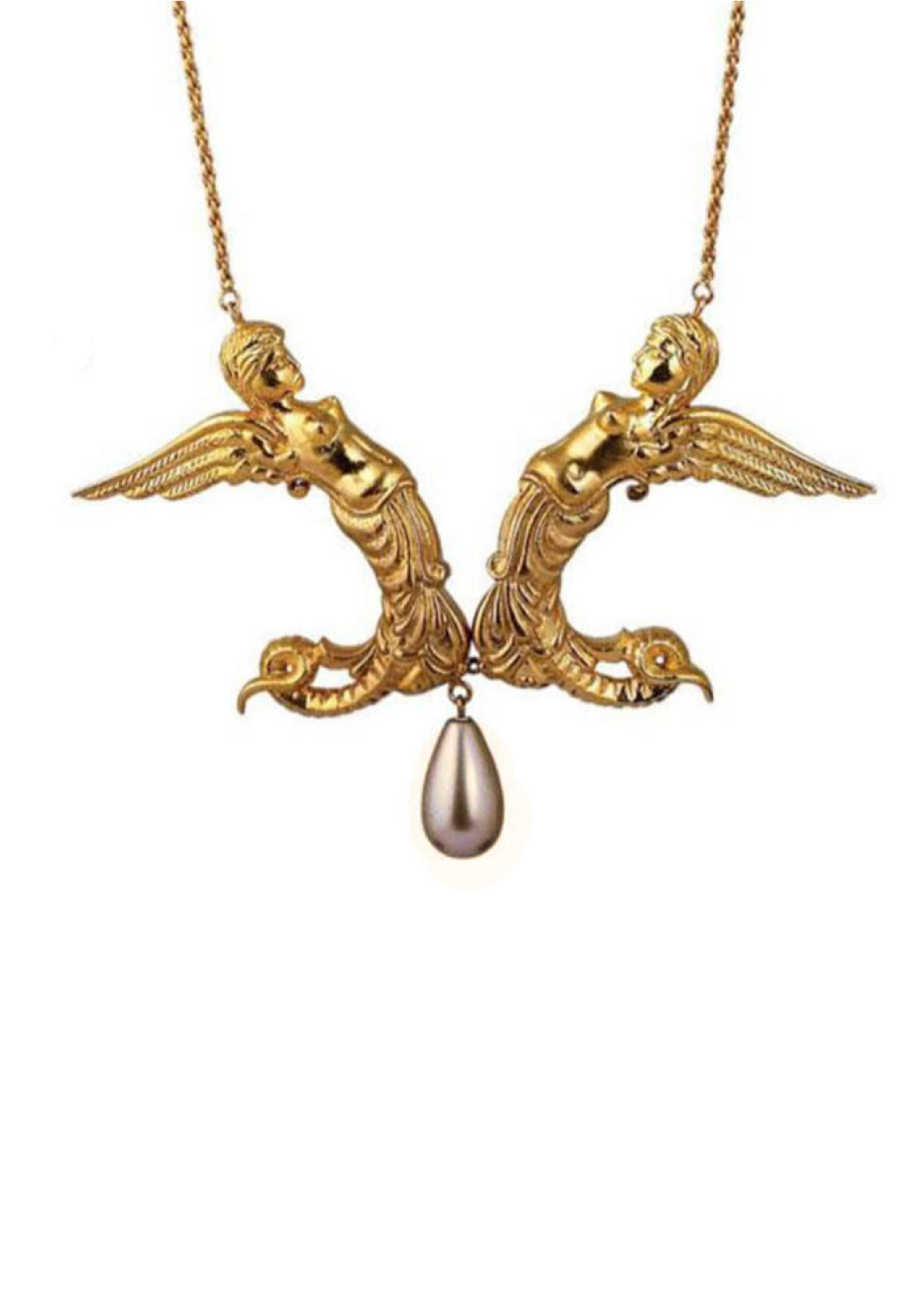 Gold-tone angel pendant necklace featuring two winged half-mermaid, half- angel figures facing each other, with a teardrop-shaped champagne coloured pearl hanging from the center, shown on a white background.