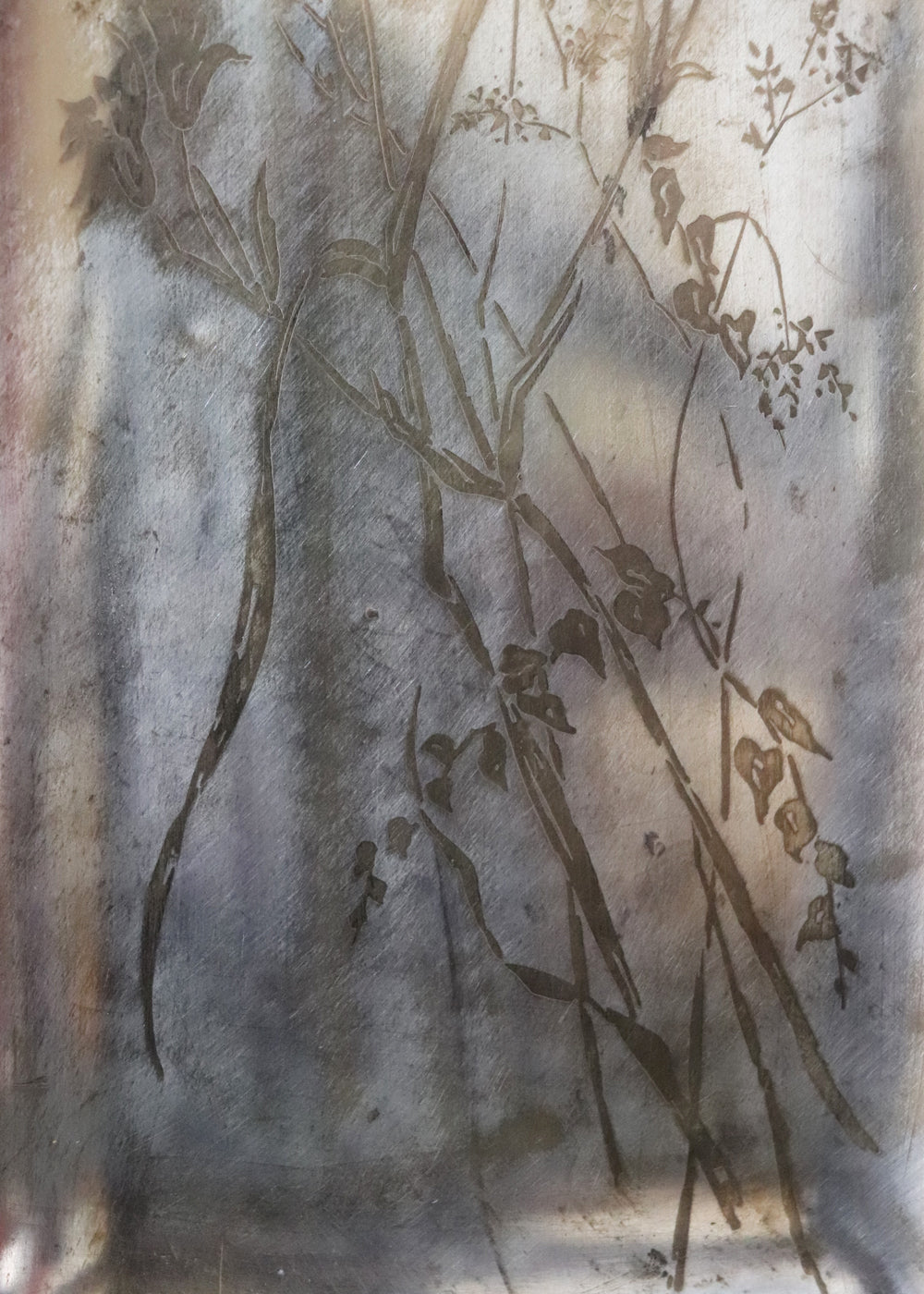 Vintage Japanese wall panel featuring the wild autumn grass influenced by the Rinpa art movement. It is made in the Taishō Style with Sumi ink over hand-oxidized silver-leaf ground (Yakibaku &amp; Ibushigin). The panel has raised edges and an integrated hanging loop at the back. It is in beautiful vintage condition with age-appropriate surface scuffs, and has no structural compromises. Most likely from the mid 1900s, Japan.