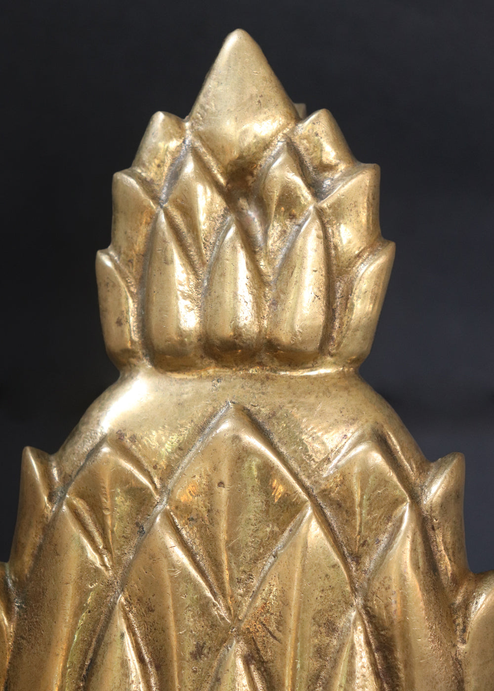Vintage Newport brass door knocker. It is solid and heavy and was made by Virginia Metal crafters for their very popular Newport line. The pineapple knocker was especially beloved because the fruit is an enduring symbol of hospitality, wealth, and a safe return from sea voyages, a tradition with deep roots in Newport's maritime history. Made in the US, 1960s.