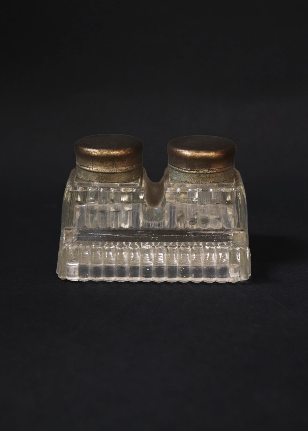 Vintage double inkwell made of solid pressed glass, French Art Deco