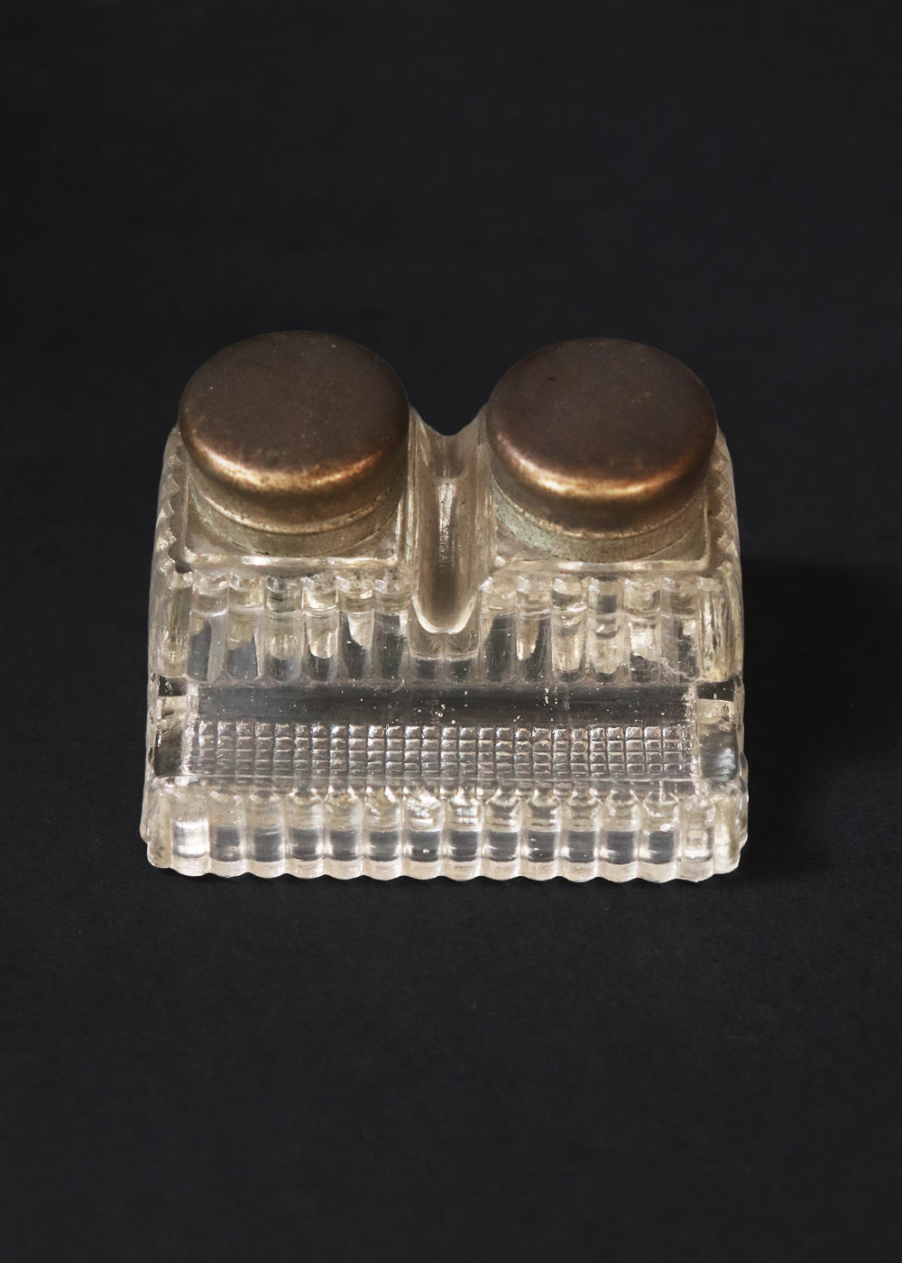 Vintage double inkwell made of solid pressed glass, French Art Deco