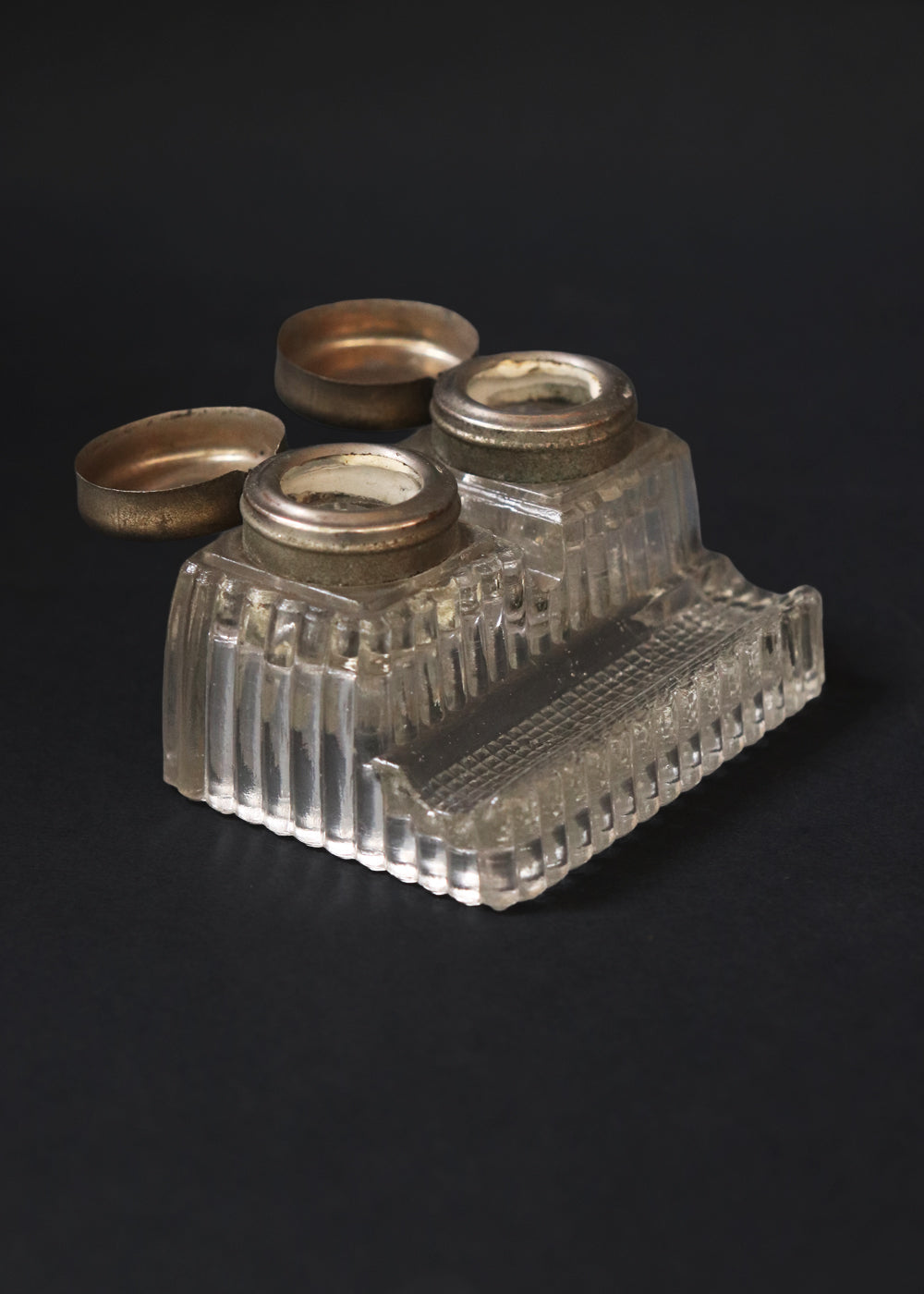 Vintage double inkwell made of solid pressed glass, French Art Deco