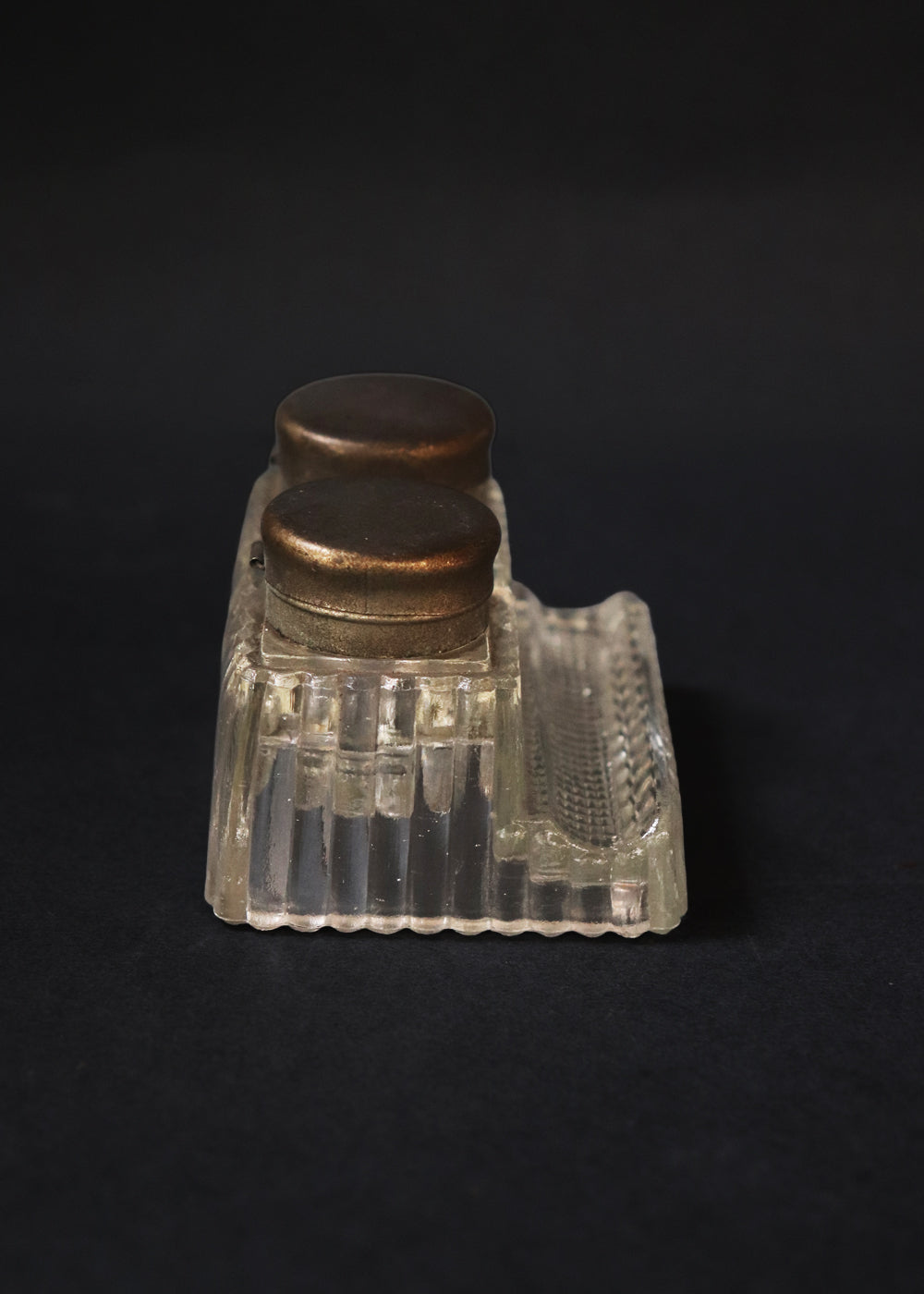 Vintage double inkwell made of solid pressed glass, French Art Deco