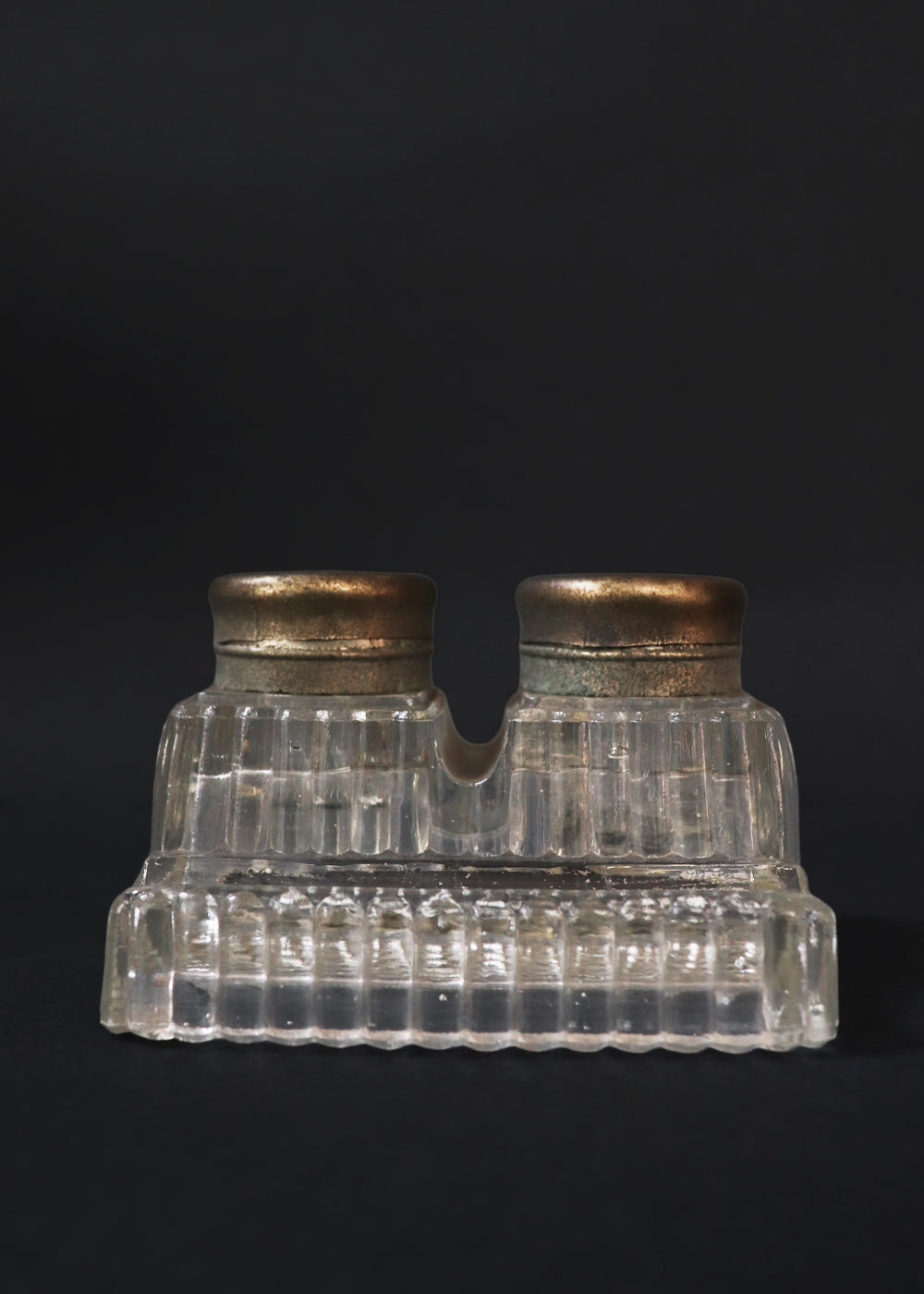 Vintage double inkwell made of solid pressed glass, French Art Deco