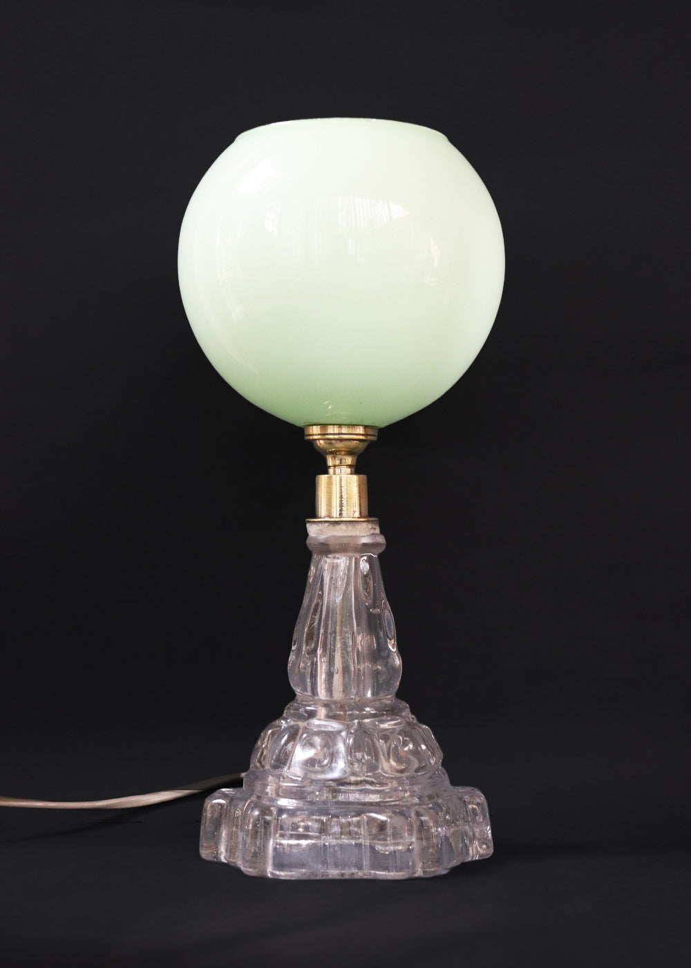 Vintage Art Deco table lamp with a clear moulded glass stepped base. The base and body are heavy pressed glass