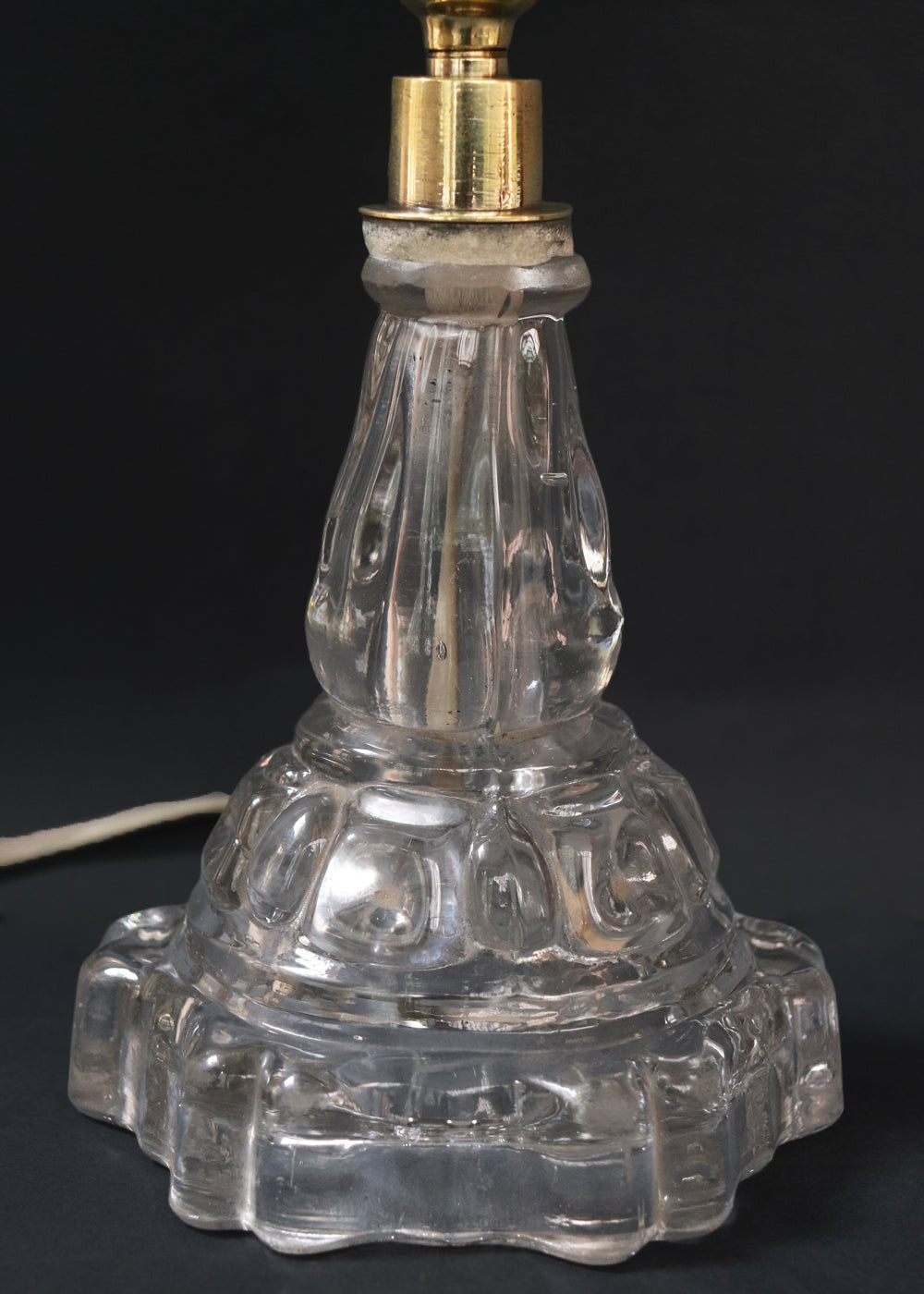 Vintage Art Deco table lamp with a clear moulded glass stepped base. The base and body are heavy pressed glass