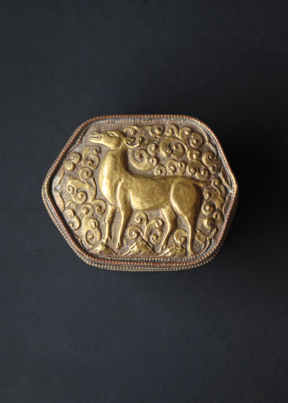 Vintage Tibetan hexagonal box in brass and copper