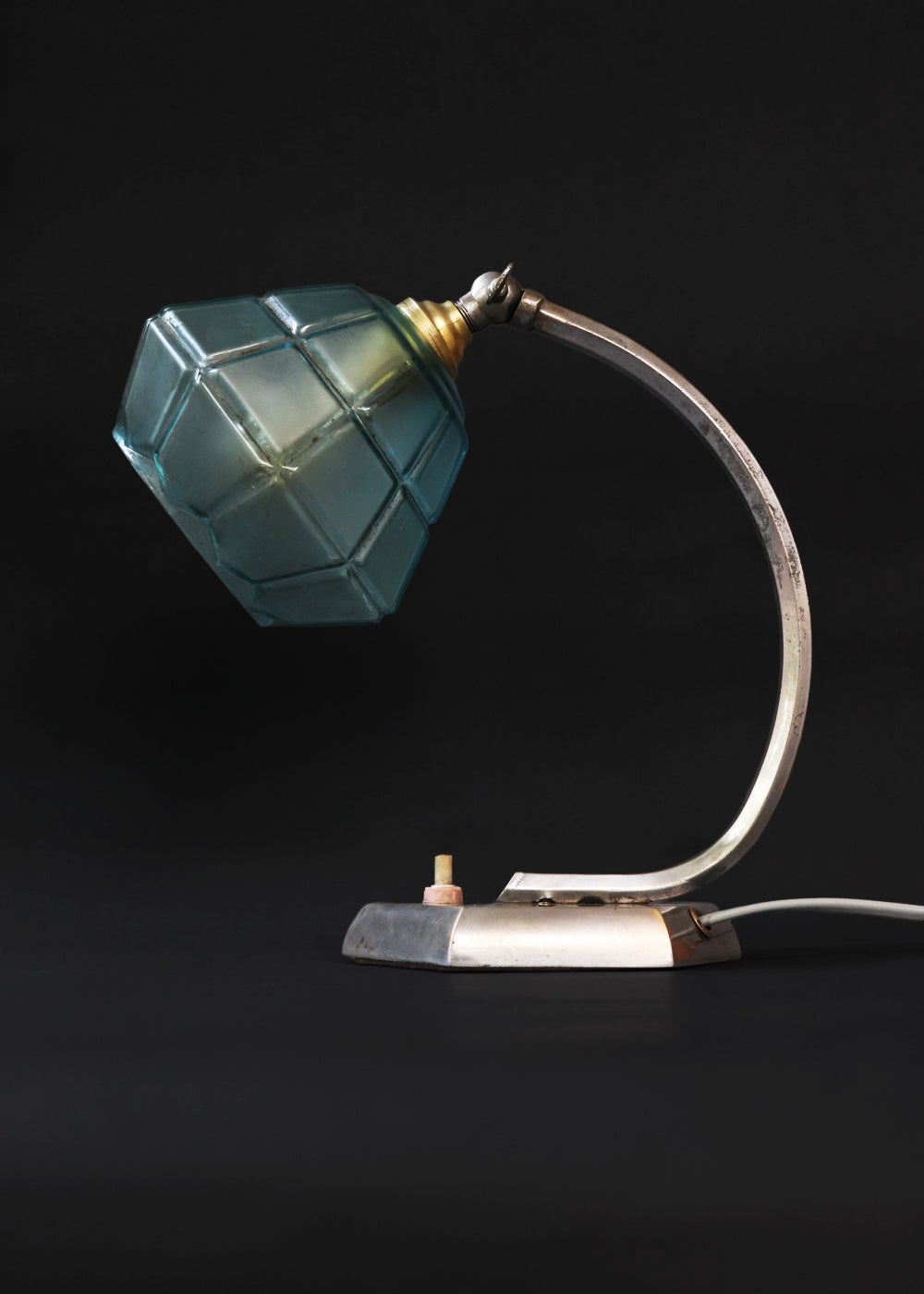Vintage Art Deco desk lamp with a beautiful blue faceted glass shade