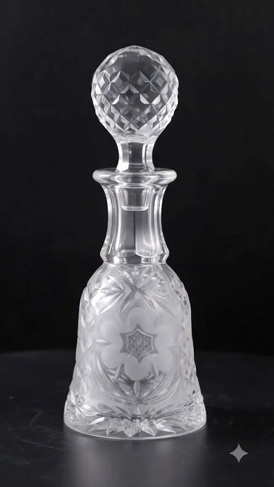 Vintage heavy cut glass decanter most likely meant for port wine. The bell shaped body is deeply facetted with patterns and has etched flowers around it. A diamond patterned ball shaped stopper sits atop the narrow neck. The crystal is somewhat cloudy but otherwise the decanter is in perfect condition. Should be from the mid 1900s, and most likely made in America.