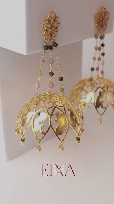 large jhumka earrings with multi coloured tourmalines by eina ahluwalia for weddings and parties