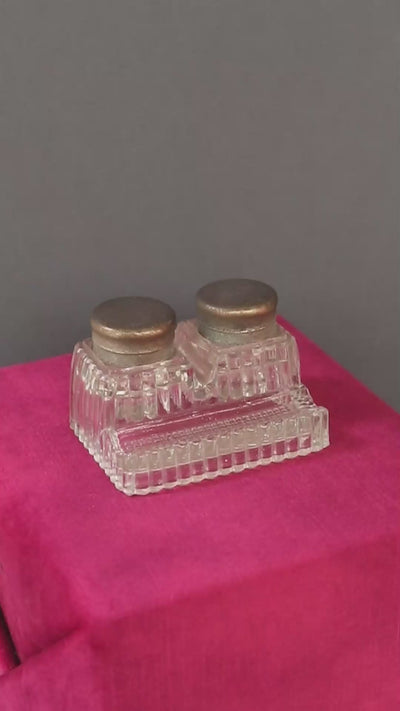 Vintage double inkwell made of solid pressed glass, French Art Deco
