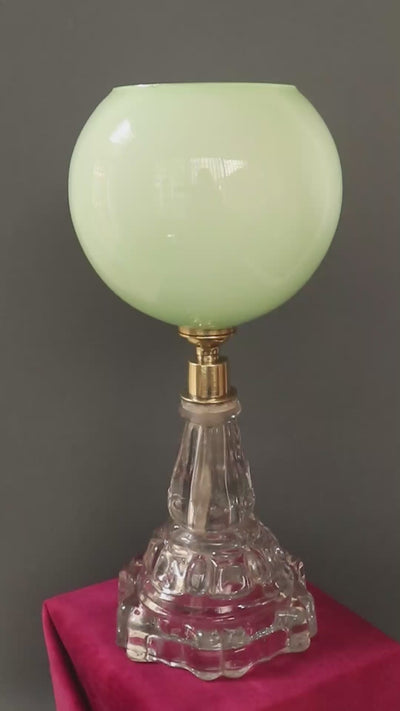 Vintage Art Deco table lamp with a clear moulded glass stepped base. The base and body are heavy pressed glass