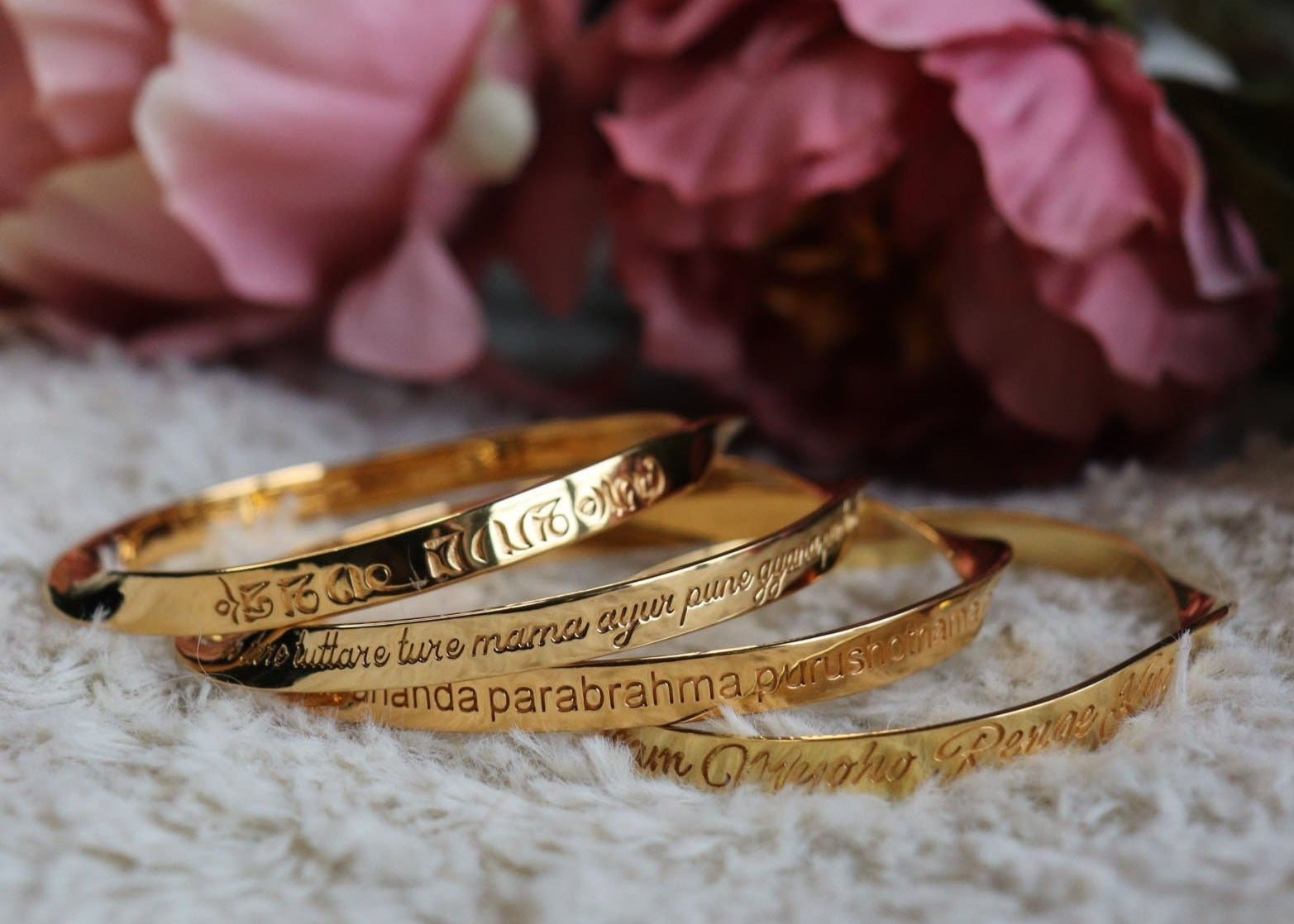 Custom Engraved Om Mani Padme Hum Name Word Mantra Bangle in sterling silver and 18k gold by Indian Designer Jewellery Artist Eina Ahluwalia