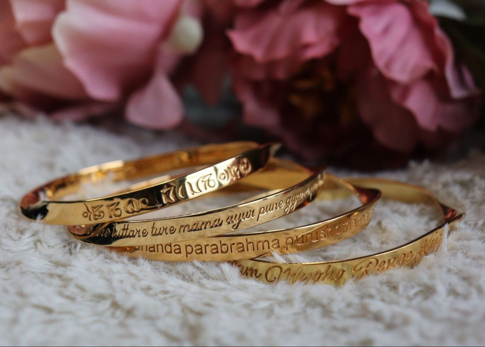 Custom Engraved White Tara Mantra Bangle in sterling silver and 18k gold by Indian Designer Jewellery Artist Eina Ahluwalia