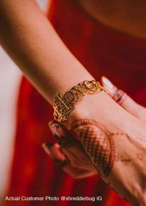 Custom Fretwork Filigree Name Word Mantra Bangle in sterling silver and 18k gold by Indian Designer Jewellery Artist Eina Ahluwalia